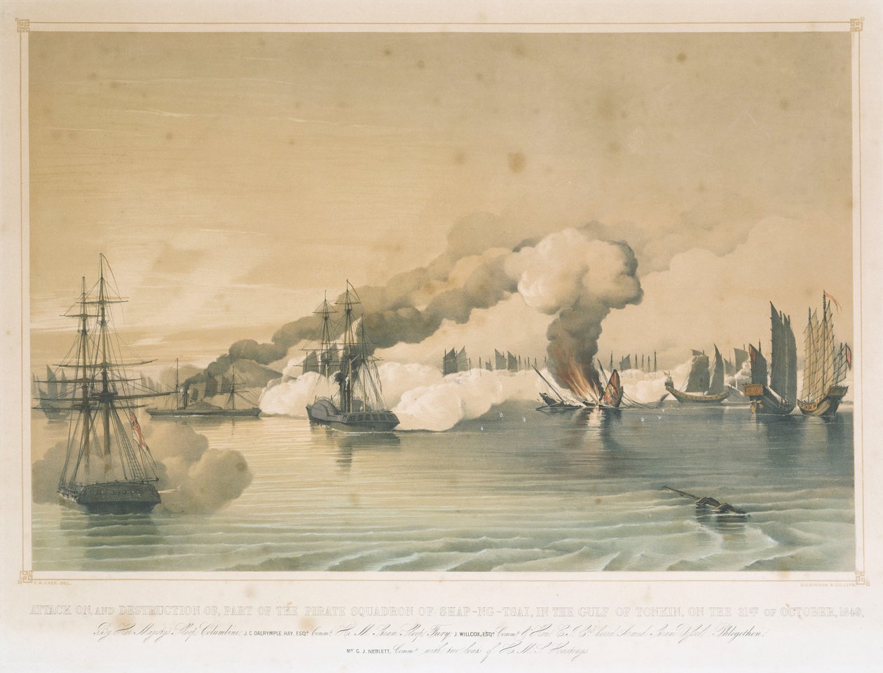 A "Columbine", a "Fury" és a "Phlegethon" támadása a Shap-ng-tsai kalózraj ellen, Tonkin-öböl, 1849. október 21. alkotó: Edward Hodges Cree
