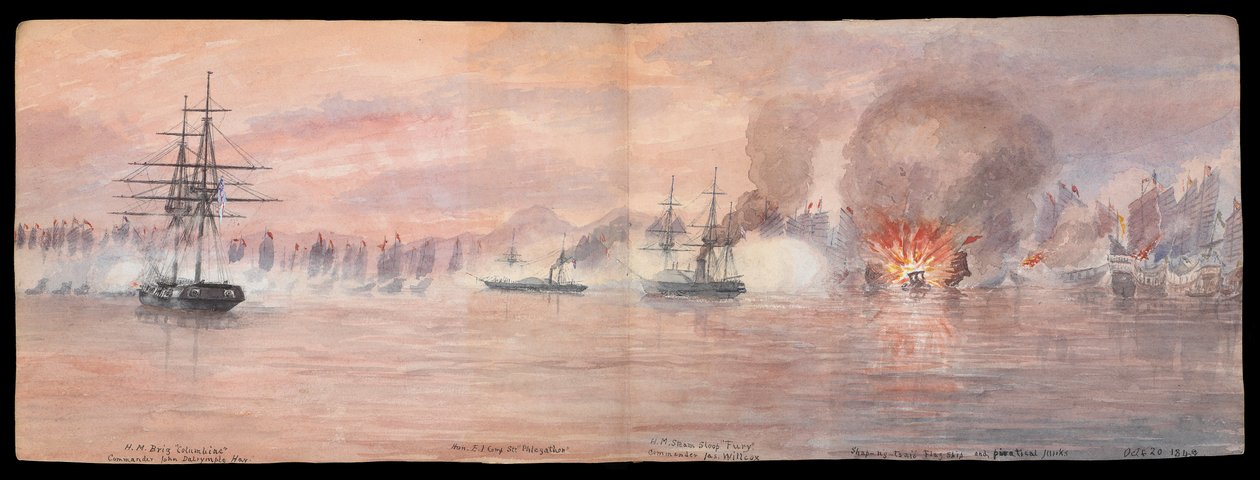 Dr. E. H. Cree illusztrált magánnaplója, XII. kötet 1849, kihajtva a 73-74. oldallal szemben, "A Shap-ng-tsai kalózflotta elleni támadás a Tonquin folyóban" 1849. október 21. CRJ12 (festmény) alkotó: Edward Hodges Cree