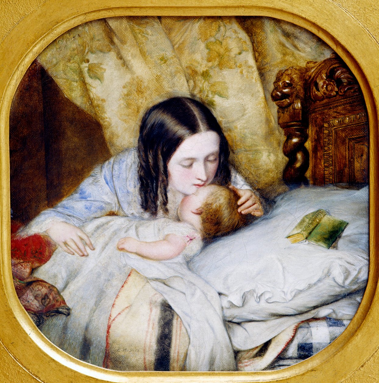 Az éjszakai csók. Egy anya megcsókolja a babáját, aki éppen elaludt. Edward Hugues (1832 - 1908) festménye, XX. század. Lyon, Musee des Beaux Arts alkotó: Edward Hughes