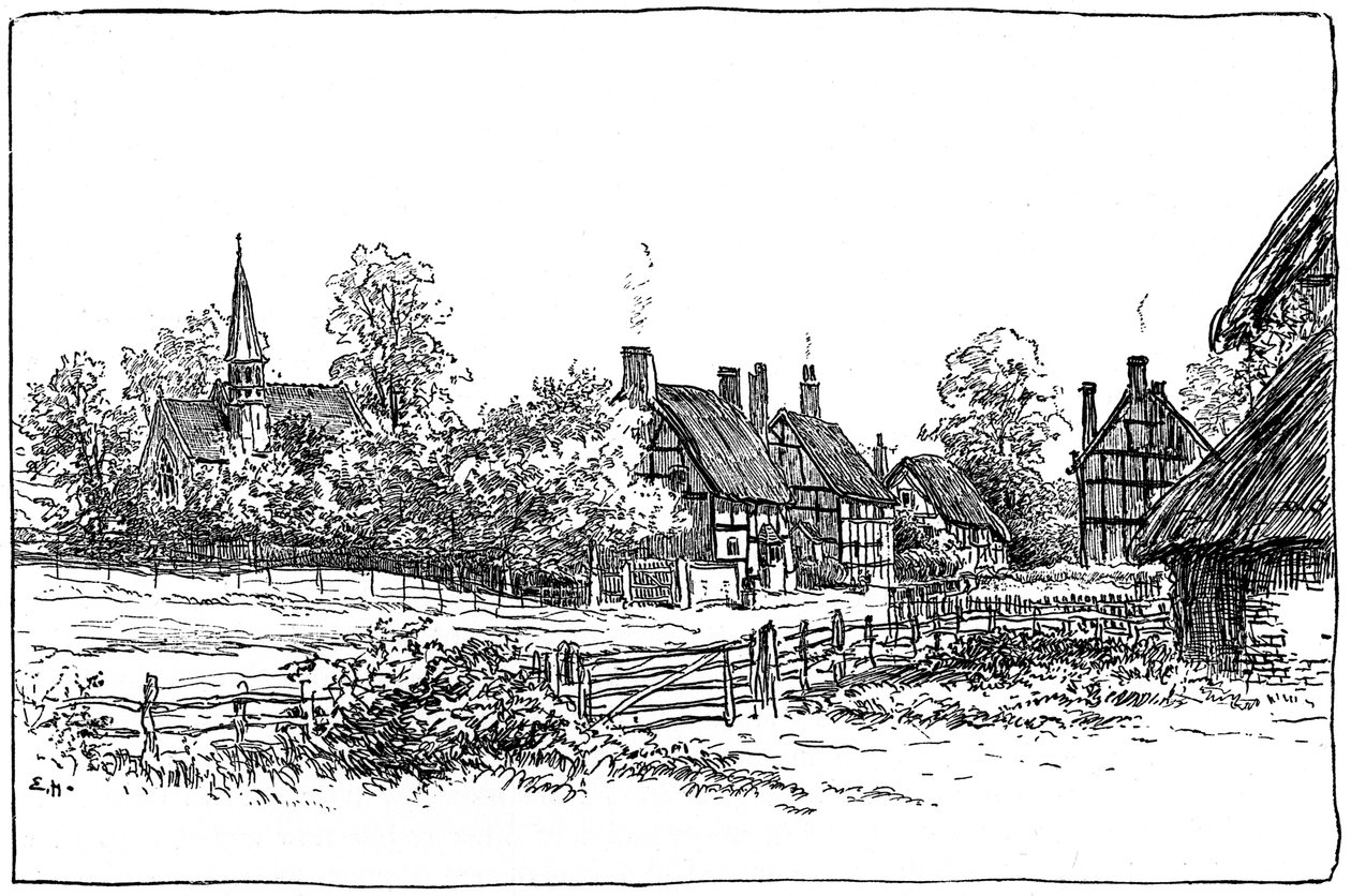 Luddington falu és új templom, Warwickshire, 1885. alkotó: Edward Hull