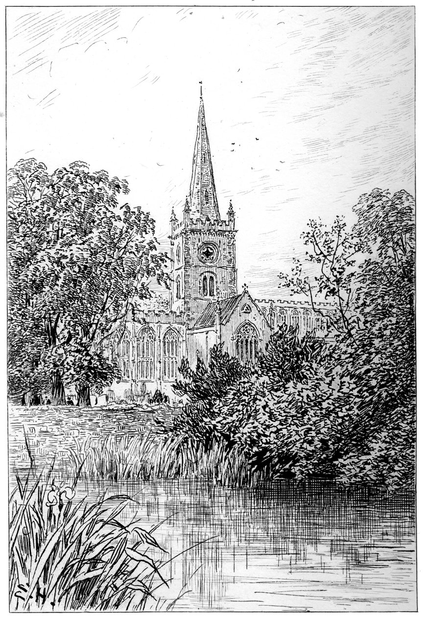 Stratford templom a folyó felől nézve, Stratford-upon-Avon, Warwickshire, 1885. alkotó: Edward Hull