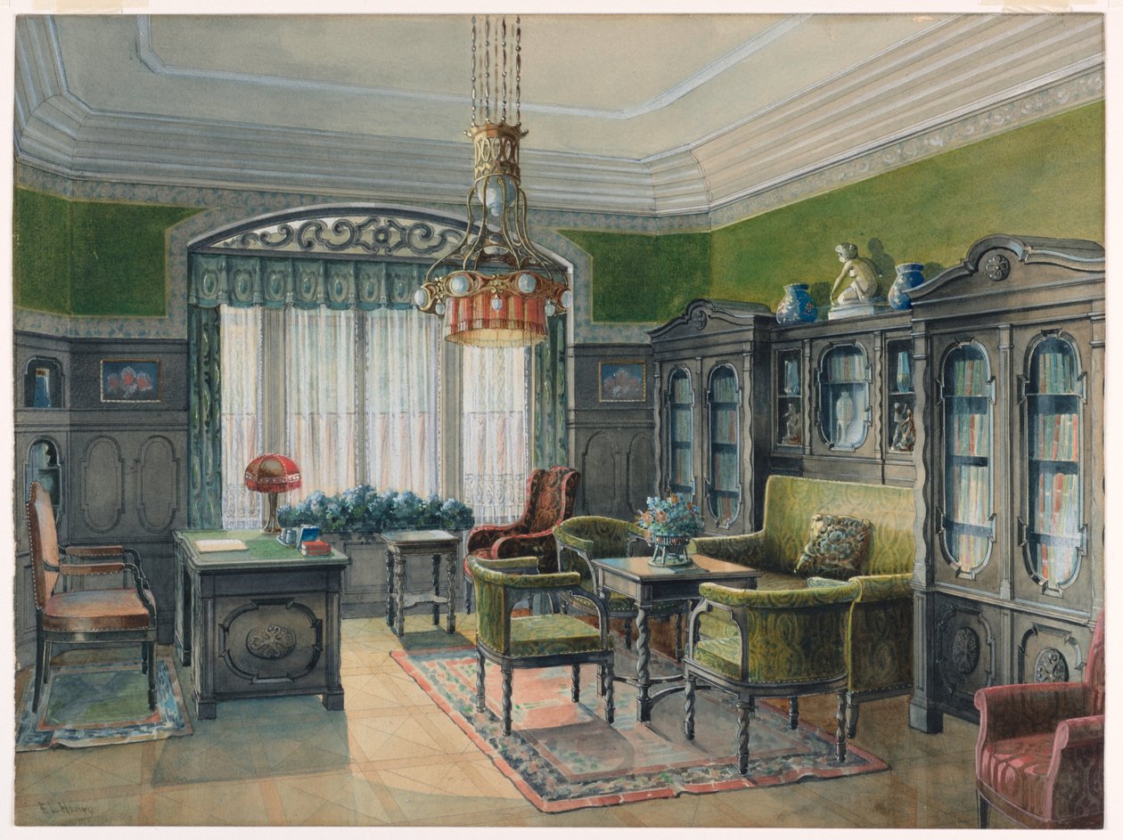 Rajz, Könyvtár vagy iroda belseje, 1915 körül alkotó: Edward Lamson Henry