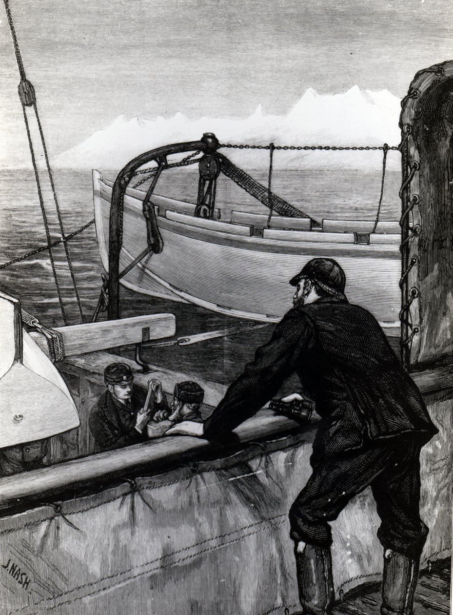 The Arctic Expedition – A „riasztás” Holsteinborg közelében, Grönland: Sternpost Cutter of Iceboat on Skids, megjelent a „The Graphic”-ban, metszett J. Nash, 1875 alkotó: Edward Lawton Moss