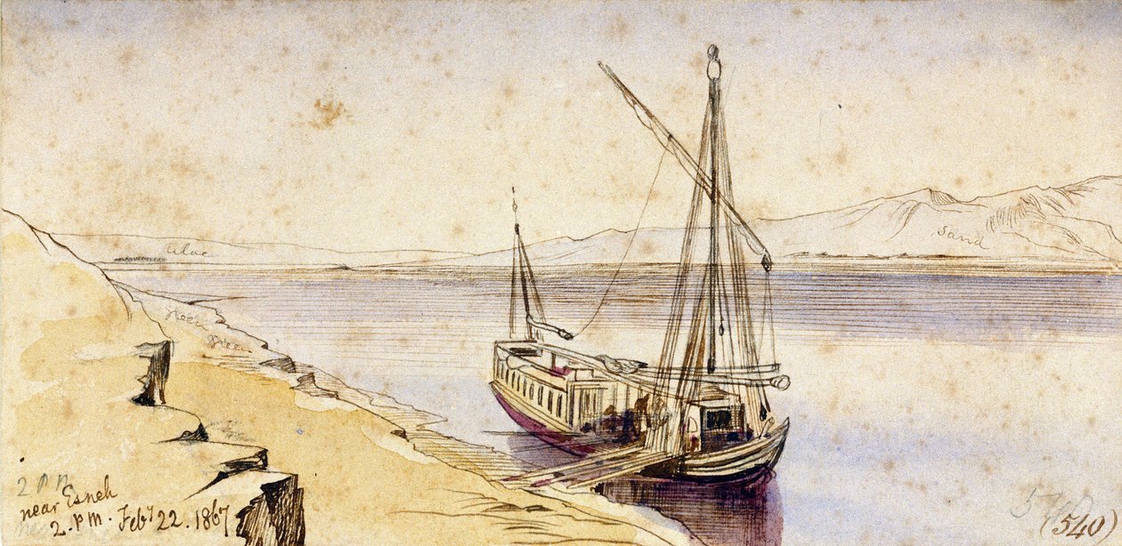 Egy hagyományos egyiptomi hajó kikötése a Nílus partján, Esneh közelében (Egyiptom). Színes akvarell rajz alkotó: Edward Lear
