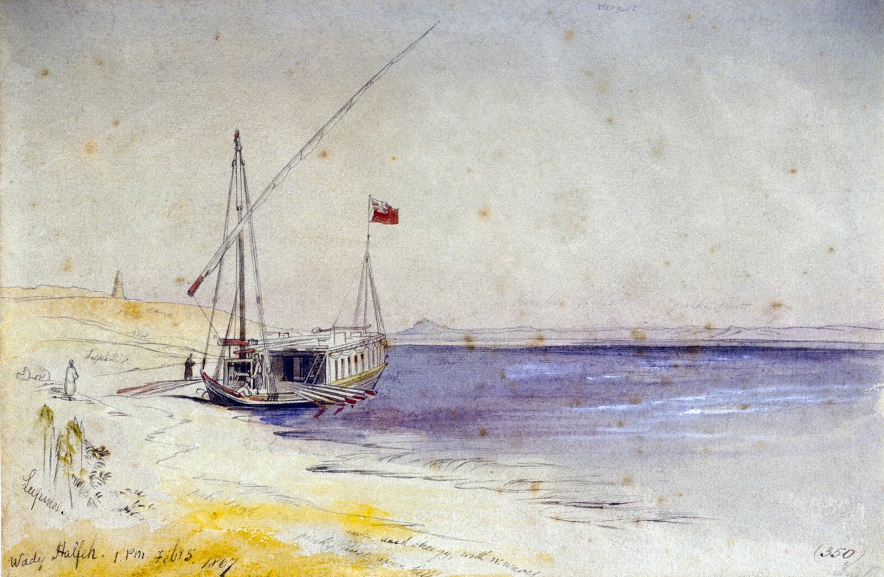 Egy egyiptomi hajó a Nílus partján, Wady Halfeh közelében (Egyiptom). Színes akvarell rajz alkotó: Edward Lear