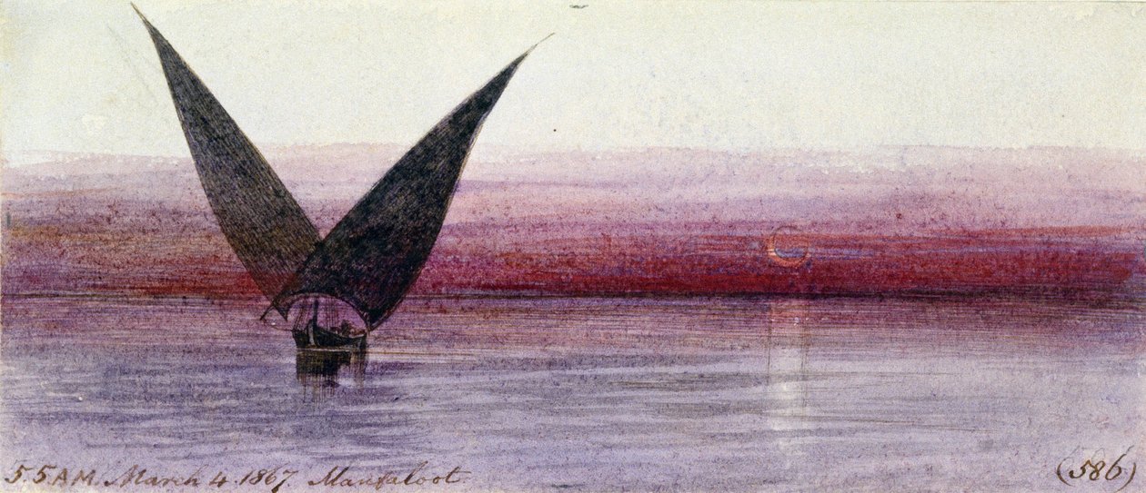Egyiptomi hajó a Níluson, Manfalootban (Egyiptom). Színes akvarell rajz alkotó: Edward Lear