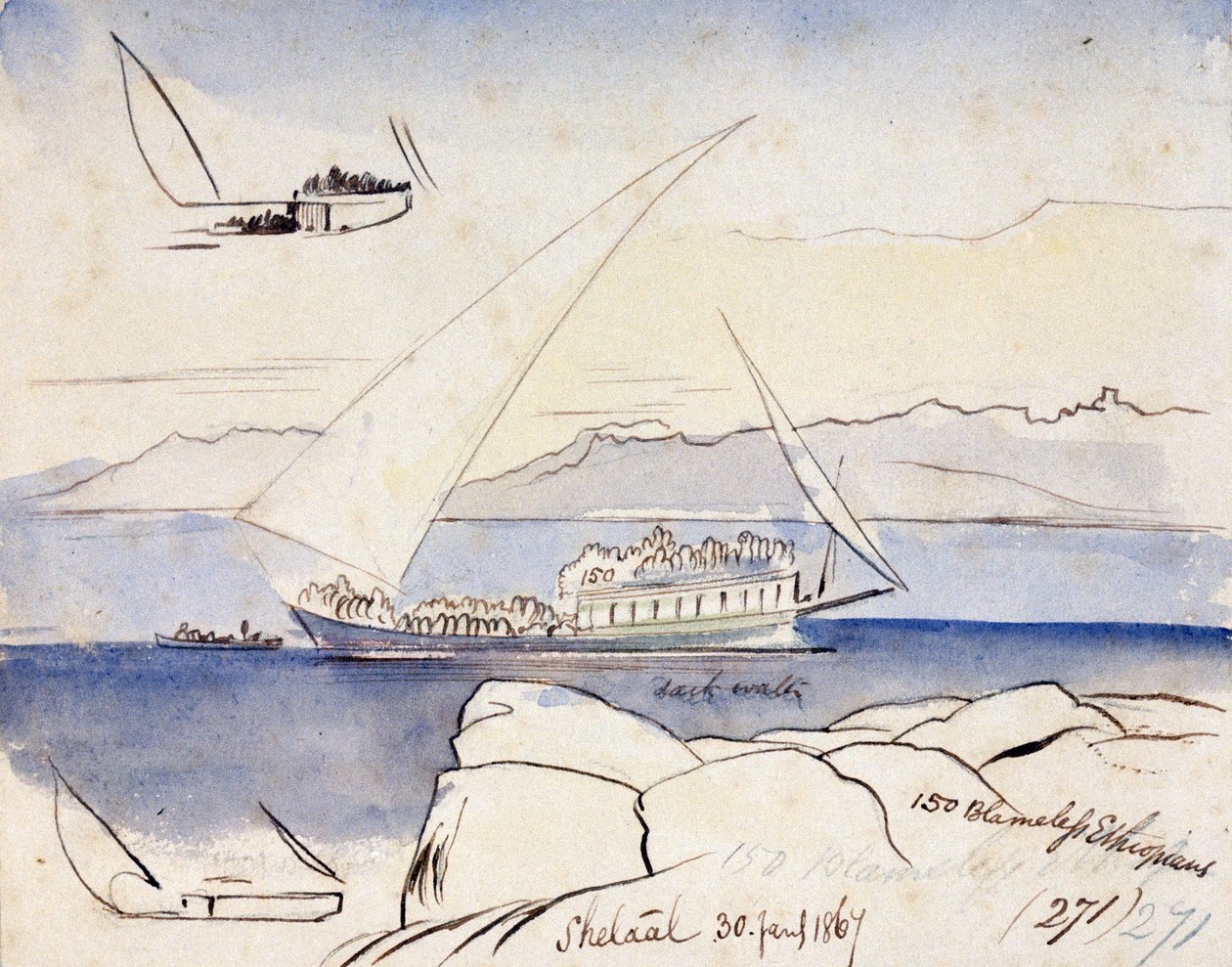 Egyiptomi dhow a Níluson, Shetaal közelében (Egyiptom). Színes akvarell rajz alkotó: Edward Lear