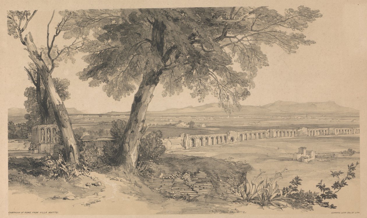 Róma környéke a Villa Mattei-ból nézve, a „Kilátások Rómából és környékéről” című műből, 1841 alkotó: Edward Lear