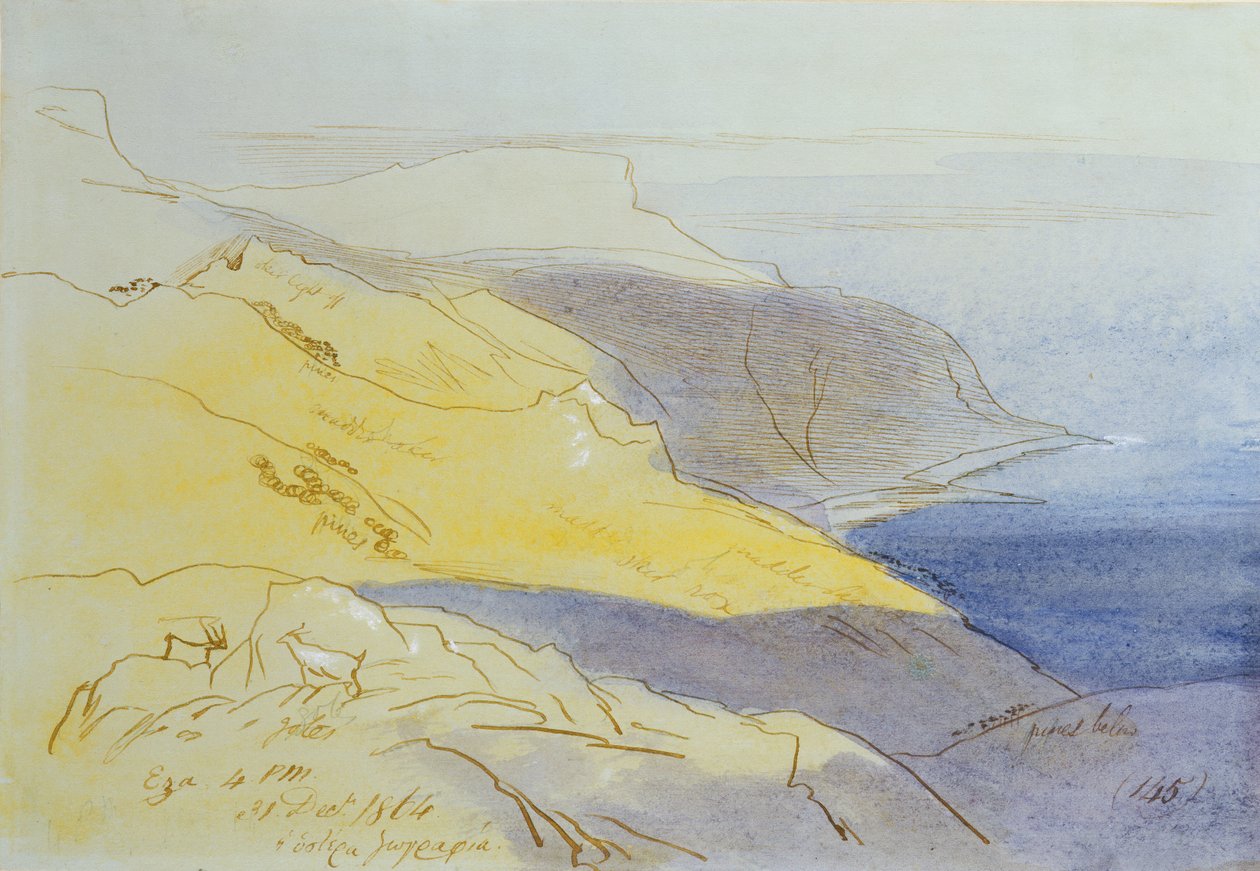 Tengerparti táj, Eza, 1864 (wc, toll és tinta papíron) alkotó: Edward Lear