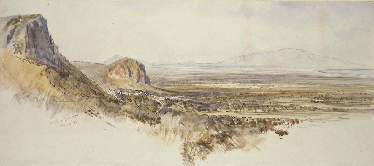Borghetto és Partenico távoli képe, Szicília, 1847 (toll és barna tinta akvarellel és grafittal törtfehér papíron) alkotó: Edward Lear