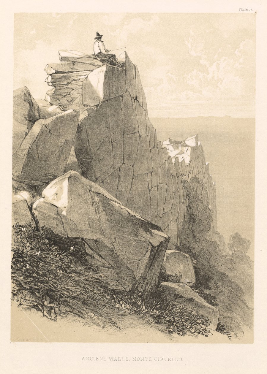Illusztrált kirándulás Olaszországban vol. II: Ókori falak, Monte Circello, 1846. alkotó: Edward Lear