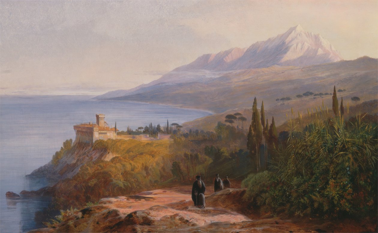 Az Athos-hegy és a sztavroniketesi kolostor, 1857. alkotó: Edward Lear