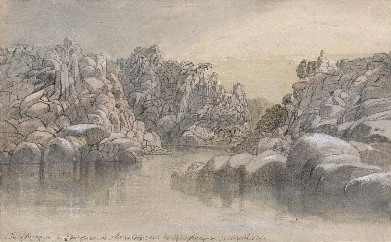 Folyó átjáró a félig kopár sziklaszirtek között alkotó: Edward Lear