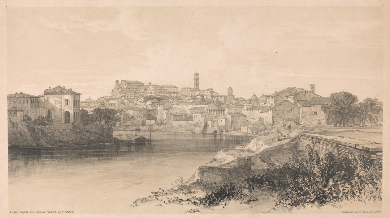 Róma a Via della Porta San Paolo felől, a „Kilátások Rómából és környékéről” című műből, 1841 alkotó: Edward Lear