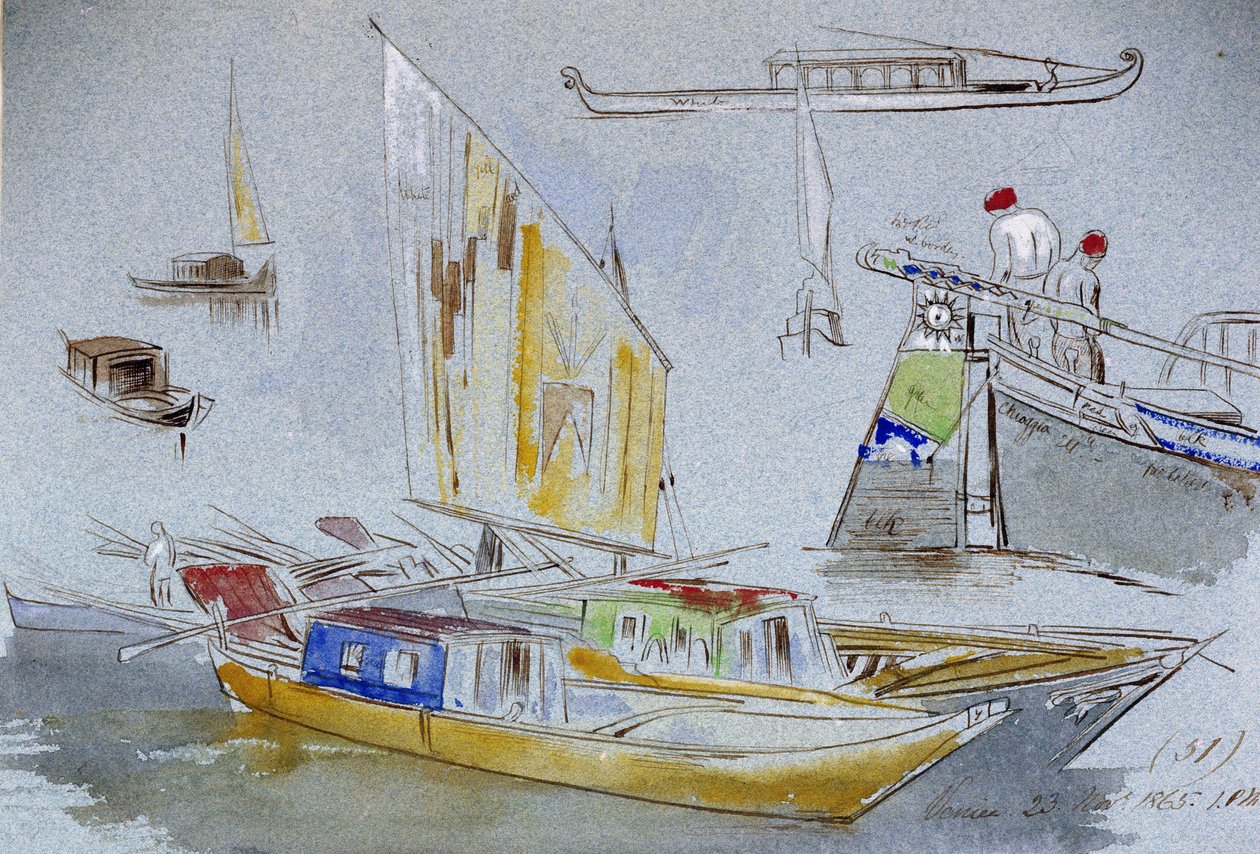 Velencei hajókról szóló tanulmányok. Edward Lear (1812-1888) színes akvarellrajza. alkotó: Edward Lear
