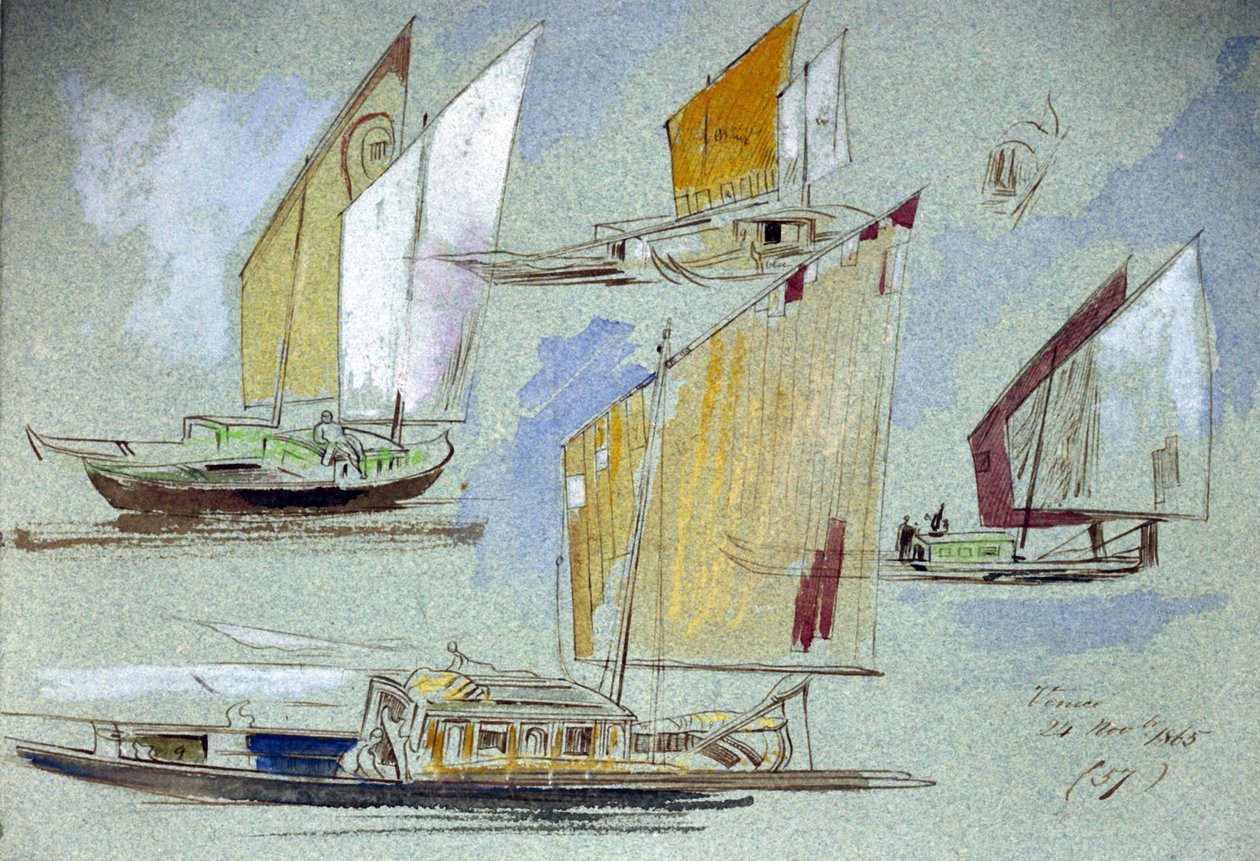 Tanulmányok velencei hajókról, teljes vitorlázatban. Edward Lear (1812-1888) színes akvarellrajza. alkotó: Edward Lear