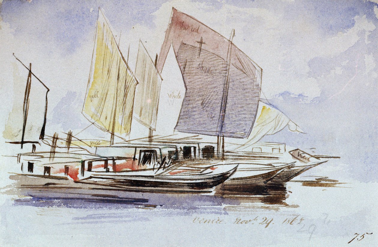 Tanulmányok velencei hajókról, teljes vitorlázattal, jobbra nézet. Edward Lear (1812-1888) színes akvarellrajza. alkotó: Edward Lear