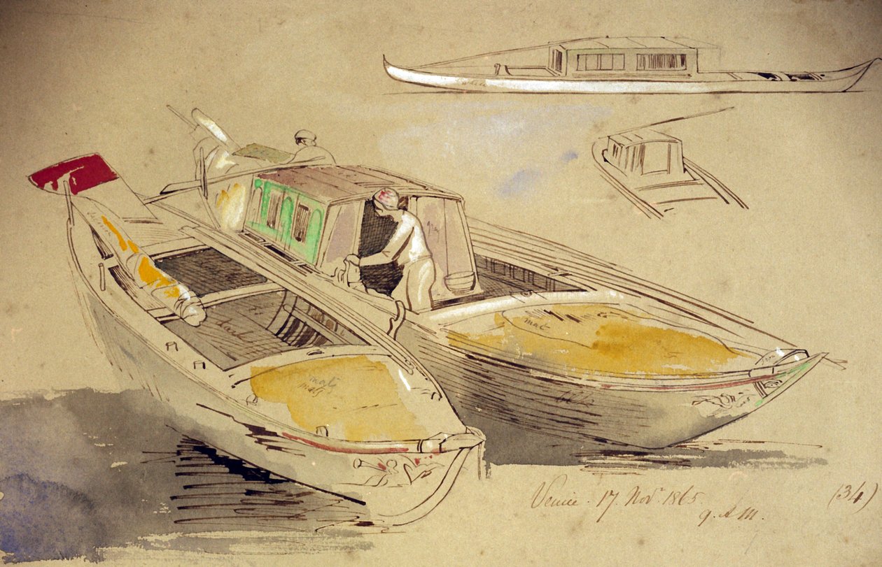 Tanulmányok velencei hajókról, a parton. Edward Lear (1812-1888) színes akvarellrajza. alkotó: Edward Lear