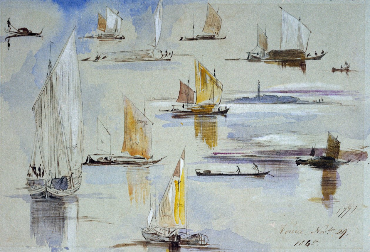 Velencei hajókról szóló tanulmányok, megjegyzésekkel. Edward Lear (1812-1888) festménye. alkotó: Edward Lear