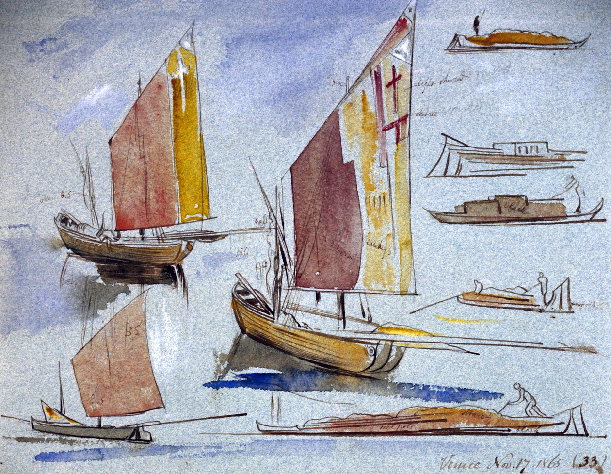 Tanulmányok velencei hajókról, teljes vitorlázattal és kikötéssel. Edward Lear (1812-1888) színes akvarellrajza. alkotó: Edward Lear