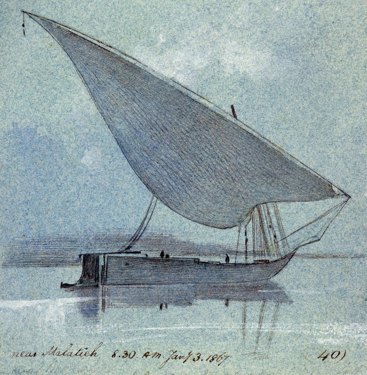 Egy gyasi (egyiptomi hajó) tanulmányozása Malatieh (vagy Malatia, Egyiptom) közelében. Színes akvarellrajz alkotó: Edward Lear
