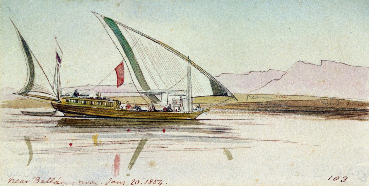 Gyassi (egyiptomi hajó) tanulmányozása a Níluson, Ballas közelében (Egyiptom). Színes akvarellrajz alkotó: Edward Lear
