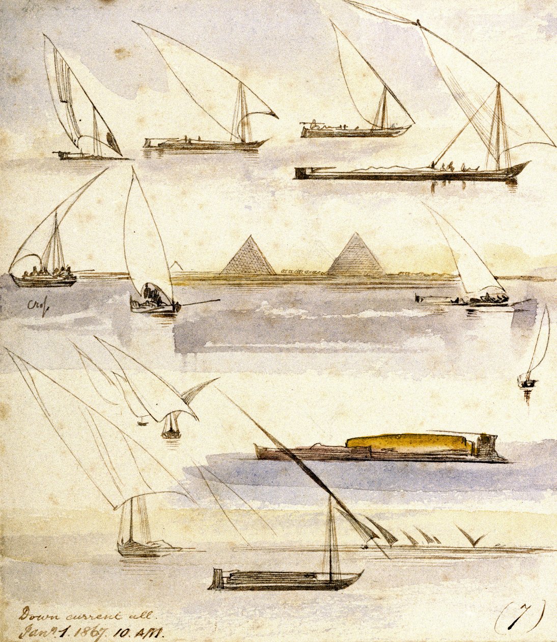 Tanulmány különböző egyiptomi hajókról (Dahabeeyah és Gyassis), a lap közepén a gízai (kairói) piramisok előtti jelenettel. alkotó: Edward Lear