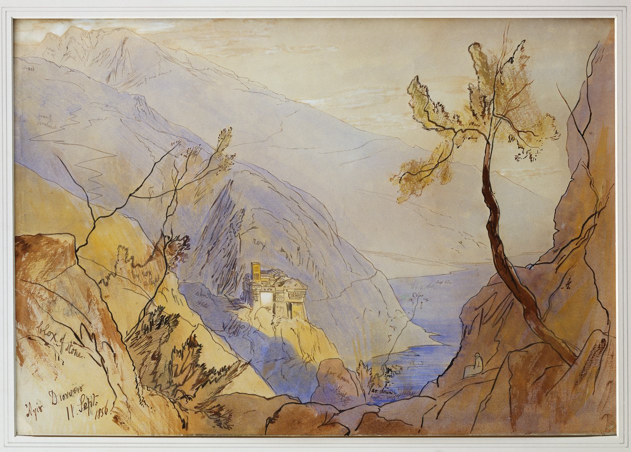 Szent Dionüsziosz kolostor, Athos-hegy, 1856. szeptember 11 alkotó: Edward Lear