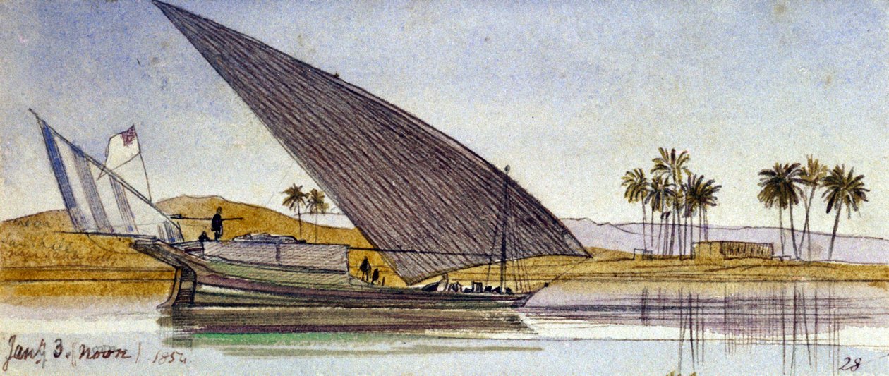 A Nílus partján (Egyiptom), egy nagy gyassi halad el mellette. Színes akvarell rajz alkotó: Edward Lear