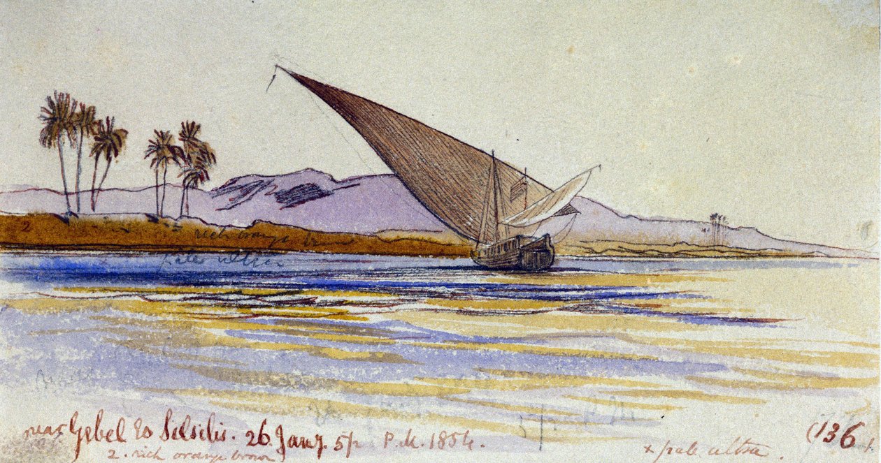 A Nílus partja (Egyiptom), pálmafákkal és a partra néző gyassival, Gebel el Silsileh közelében. Színes akvarellrajz alkotó: Edward Lear