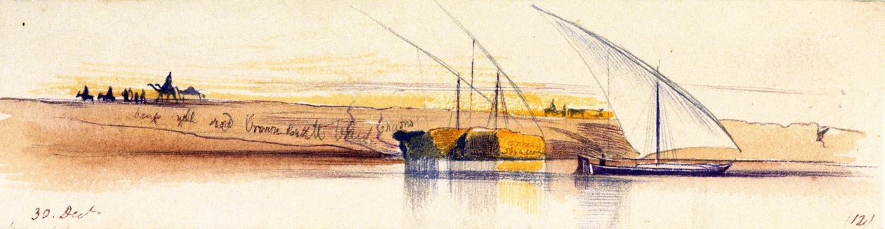 A Nílus partja (Egyiptom), a háttérben három gyaloghintóval, amelyek közül kettő szalmával van megrakva, a lemenő napban szereplők és állatok láthatóak. alkotó: Edward Lear