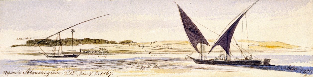 A Nílus és partjainak kiterjedése, két hagyományos egyiptomi hajóval, köztük egy Dahabeeya-val. Színes akvarellrajz alkotó: Edward Lear