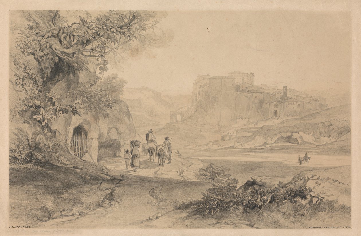 Valmontone, a „Róma és környéke” című műből, 1841 alkotó: Edward Lear