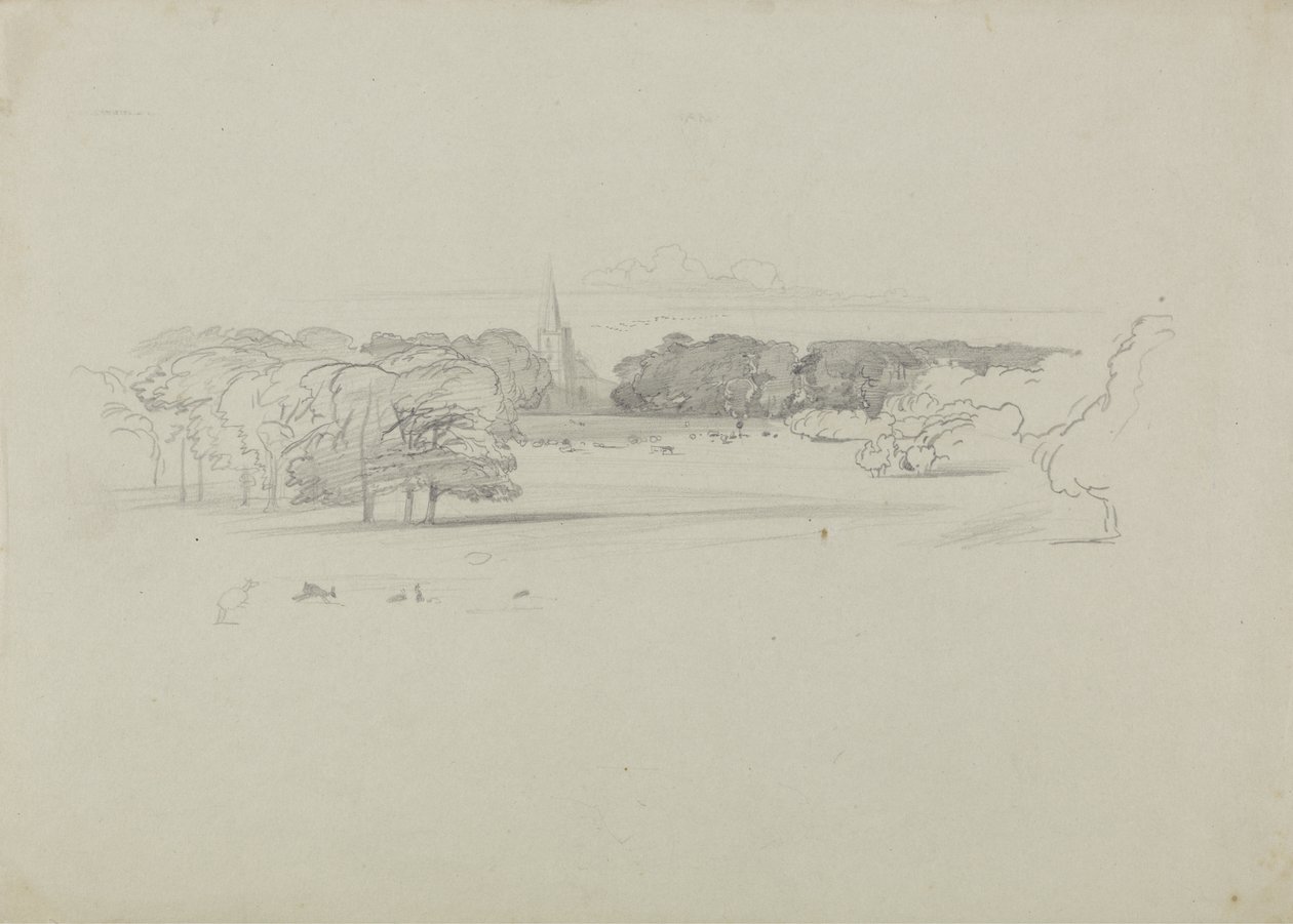 Kilátás a rétről egy templomra, 1834 (grafit, zöld, nehéz vászonpapír) alkotó: Edward Lear