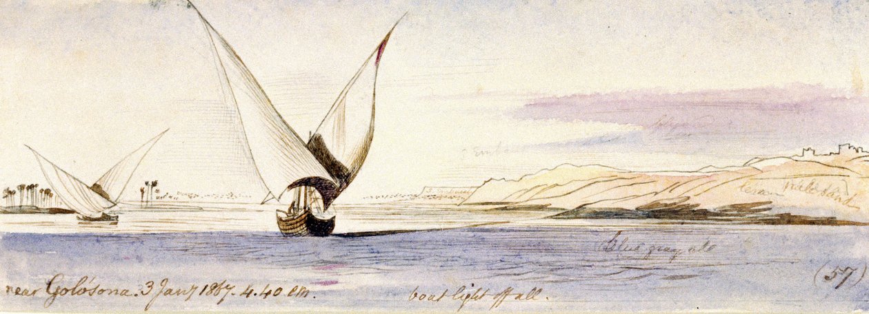 A Nílus látképe Golosona (Egyiptom) közelében, egy hagyományos egyiptomi hajóval. Színes akvarellrajz alkotó: Edward Lear