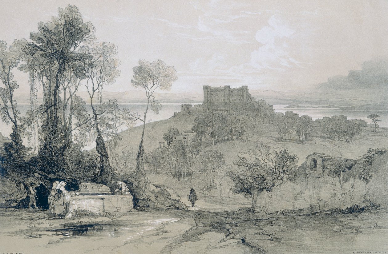 Kilátás Rómában és környékén: Bracciano vára és városa az azonos nevű tavon alkotó: Edward Lear
