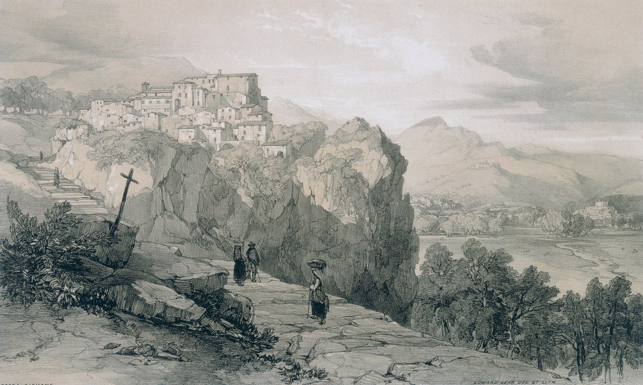 Kilátás Rómában és környékén: Rocca Giovane és a távolban a Licenses és Civitella di Licenses városai alkotó: Edward Lear