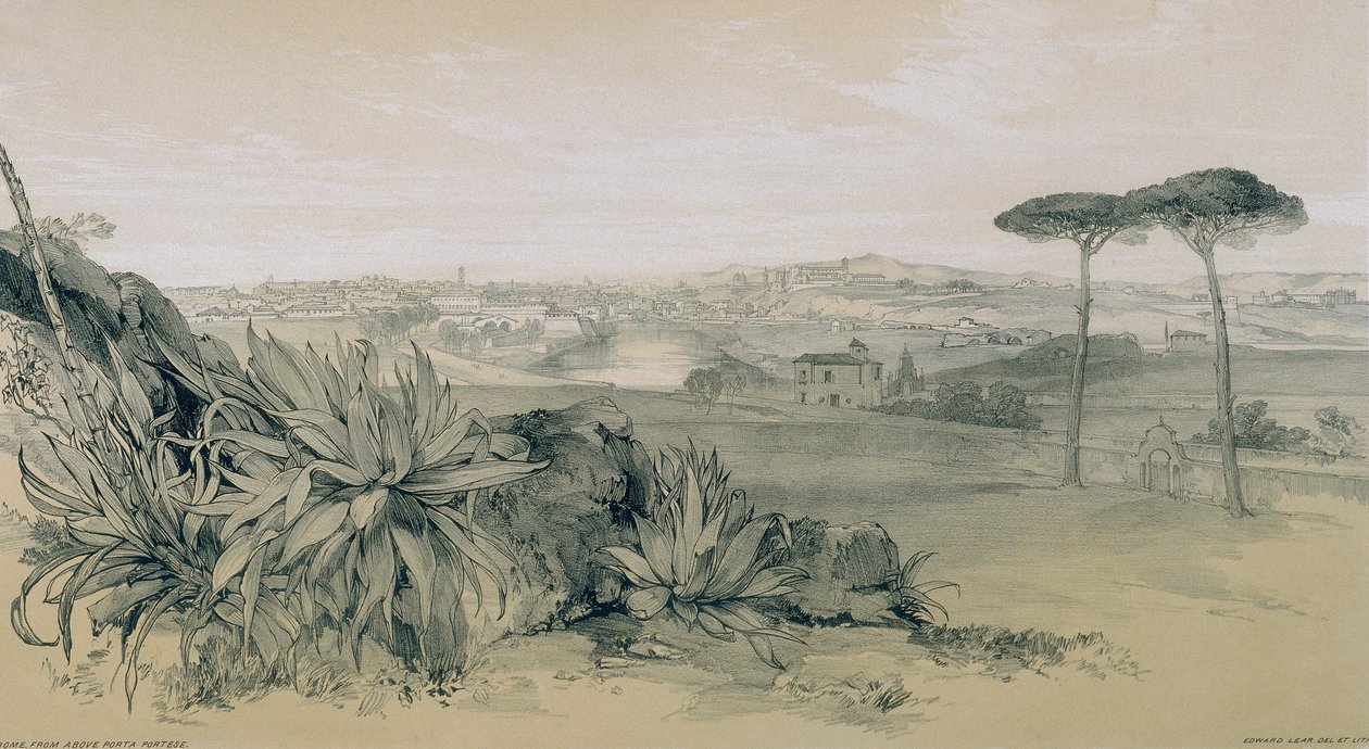 Kilátás Rómában és környékén: Róma a Porta Portese feletti villából alkotó: Edward Lear