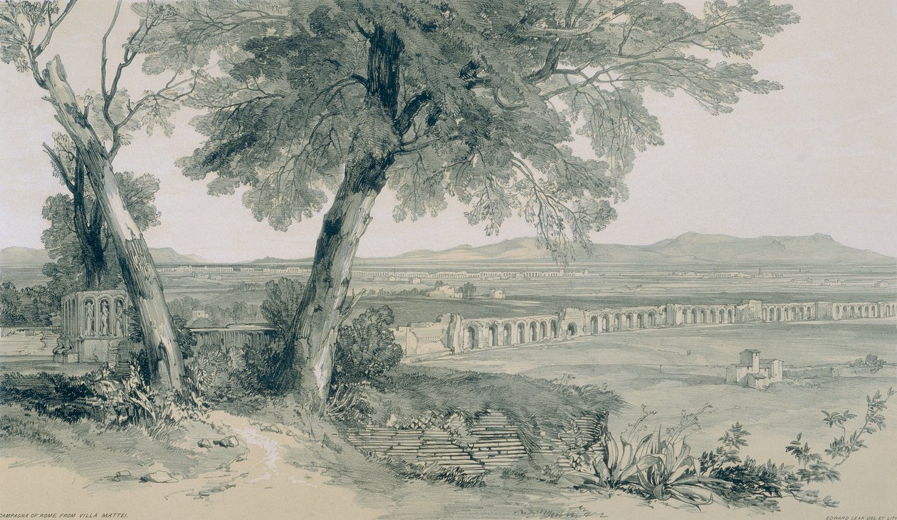 Kilátás Rómában és környékén: Campagna és Róma falai az Albánra néznek alkotó: Edward Lear
