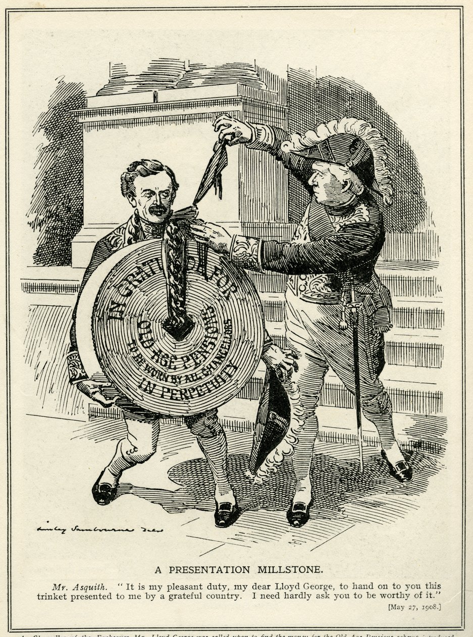 „Egy bemutató malomkő”, Asquith miniszterelnök bemutatja Lloyd George pénzügyminiszternek az 1908-as öregségi nyugdíjrendszert. alkotó: Edward Linley Sambourne