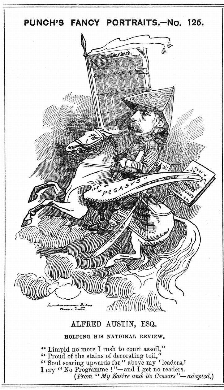 Alfred Austin (1835-1913) brit költő díjas 1896-ból. Edward Linley Sambourne (1844-1910) rajzfilmje a Fancy Portraits sorozatban a londoni Punchban, 1883. március 3-án, amikor Austin a National Review szerkesztője lett. Metszés. alkotó: Edward Linley Sambourne