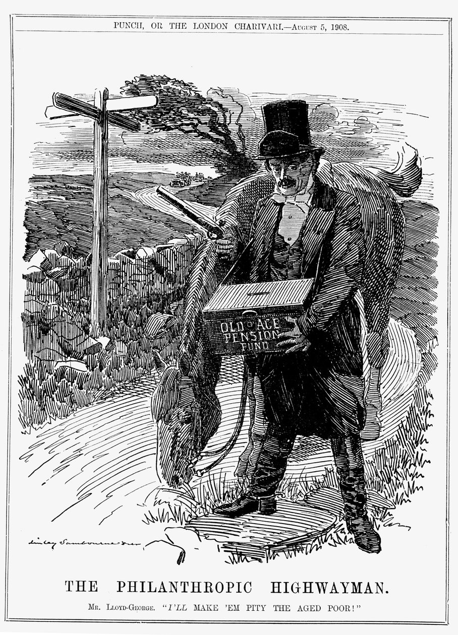David Lloyd George (1863-1945) walesi születésű brit liberális államférfi. 1908-ban, mint pénzügyminiszter, Lloyd George bevezette az öregségi nyugdíjról szóló törvényt. Edward Linley Sambourne rajzfilmje, Punch, London, 1908. augusztus. alkotó: Edward Linley Sambourne