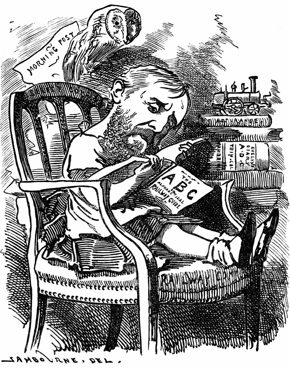 Evelyn Ashley (1836-1907) angol író és liberális politikus: Shaftesbury 7. grófjának fia. Edward Linley Sambourne rajzfilmje a Fancy Portraits sorozatban a Punch Londonból 1881 áprilisában, amikor Ashley titkárhelyettes volt a Kereskedelmi Tanácsnál. alkotó: Edward Linley Sambourne
