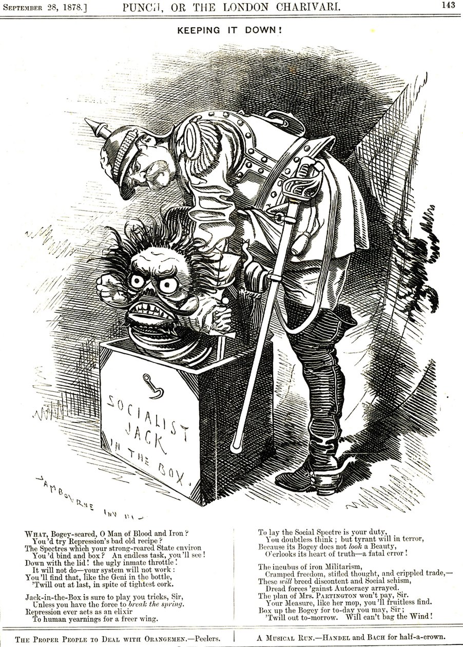 Lefelé tartás. Otto von Bismarck (1815-1898) Németország kancellárja, aki megpróbálja visszakényszeríteni a szocializmus Jackét a dobozába. A feliratok azt mondják neki, hogy az elnyomás minden cselekménye elixírként hat a nagyobb szabadság iránti vágyra.  alkotó: Edward Linley Sambourne