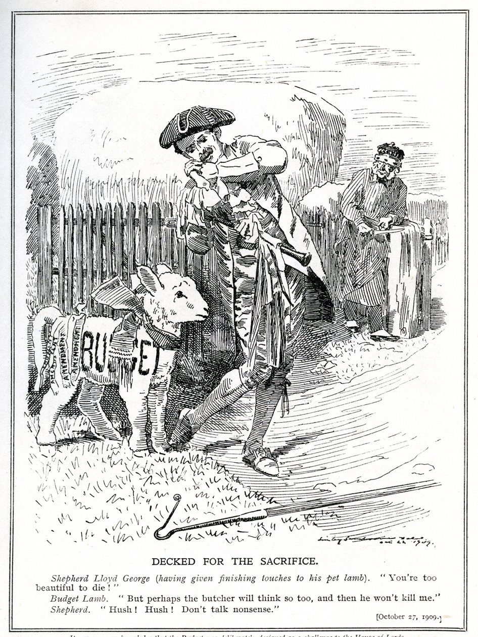 Lloyd George arra készül, hogy a Lordok Háza feláldozza és megölje "kedvenc bárányát", a "Népi költségvetést", 1909 alkotó: Edward Linley Sambourne