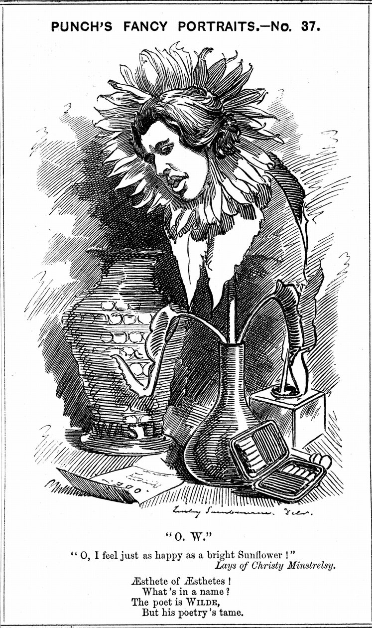 Oscar Wilde (1854-1900) ír drámaíró, regényíró, költő és szellemes. Edward Linley Sambourne rajzfilmje a „Fancy Portraits” sorozatából a Punch London számára, 1881. június 25., Wilde napraforgóként. Fametszet alkotó: Edward Linley Sambourne