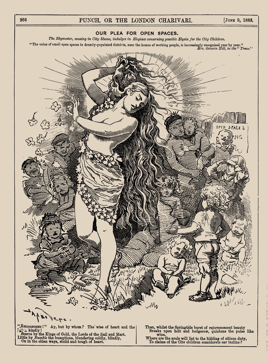 Könyörgésünk a nyitott terekért. Punch, 1883. június. alkotó: Edward Linley Sambourne