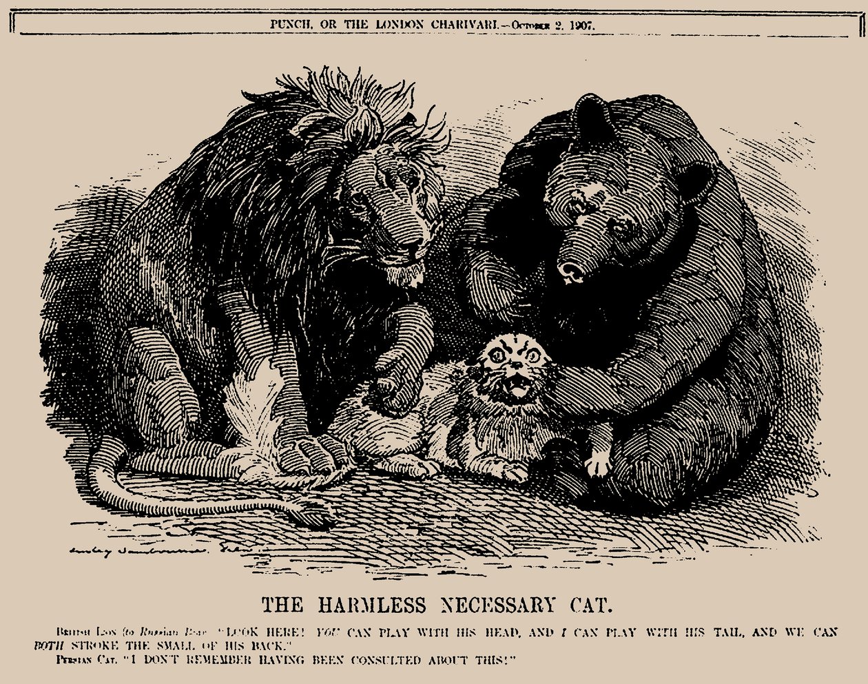 Az ártalmatlan szükségszerű macska. Punch, 1907. október 2., 1907. alkotó: Edward Linley Sambourne