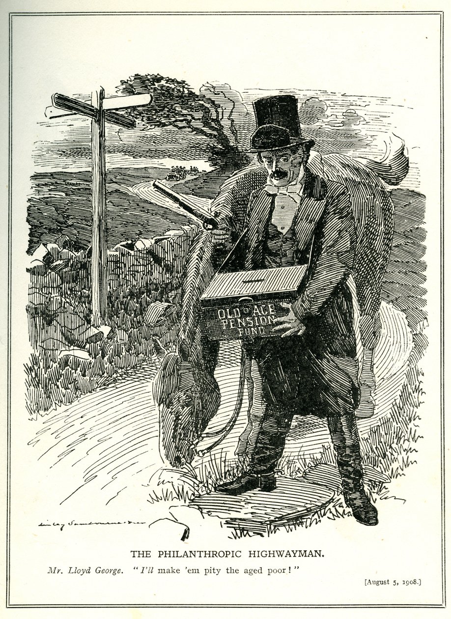 „The Philanthropic Highwayman”, Lloyd George az öregségi nyugdíjpénztárral, rajzfilm a „Punch” magazinból, 1908. augusztus 5. alkotó: Edward Linley Sambourne