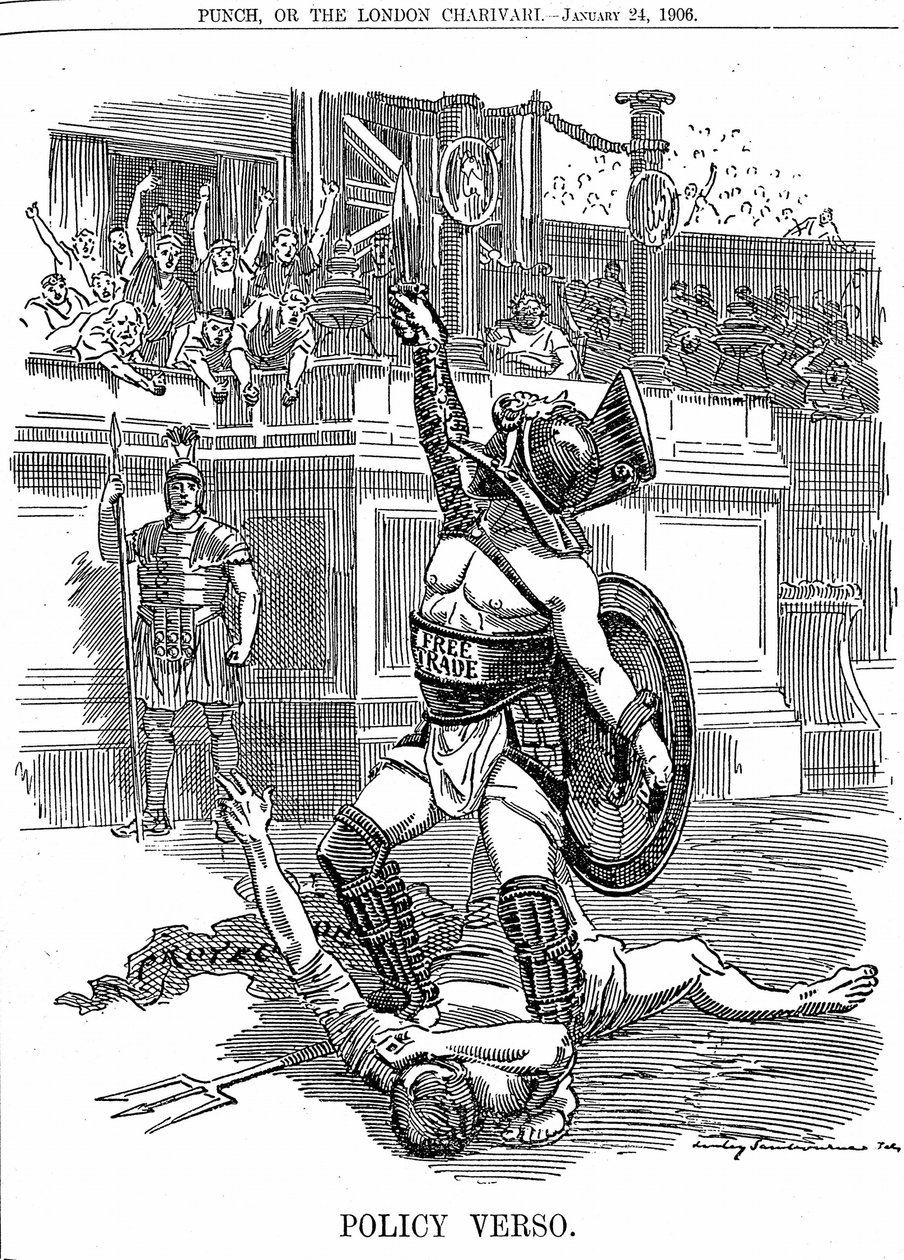 A liberális kormány visszatérésével Nagy-Britanniában, 1905 decemberében, a szabadkereskedelem volt a politika, nem pedig a konzervatív tarifavédelmi politika. Edward Linley Sambourne rajzfilmje a Punch Londonból, 1906. január 24 alkotó: Edward Linley Sambourne
